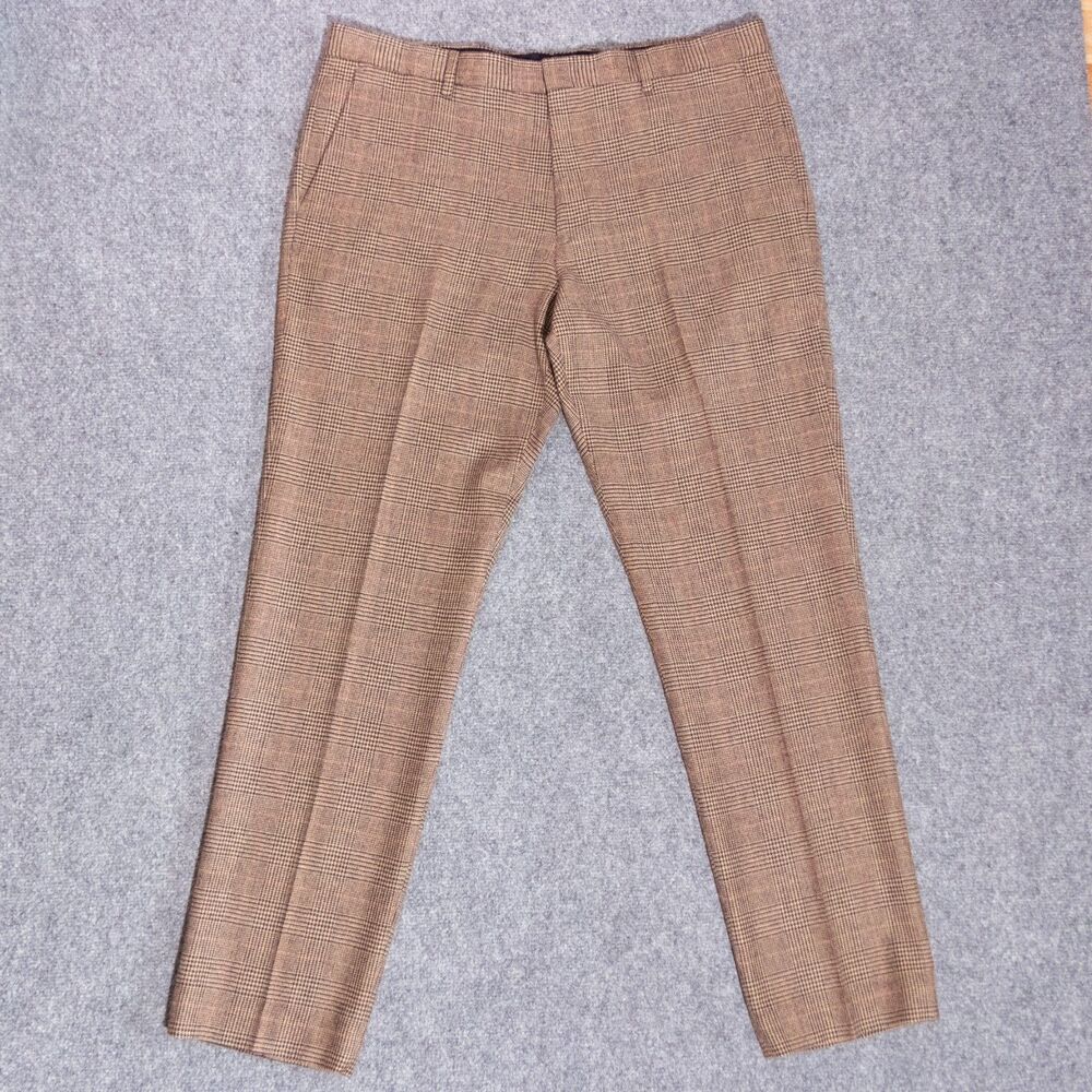 J. Crew Ludlow MOON Wool Blend Glen Plaid Brown Slim Pants 36x32 Pleated Trouser